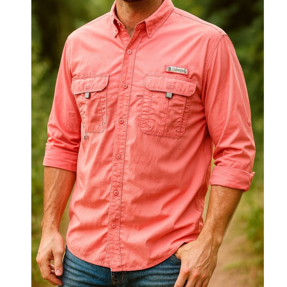 Columbia PFG Fishing Shirt Men's Med Pink Long Sleeve Button Up‎ Vented Fishing